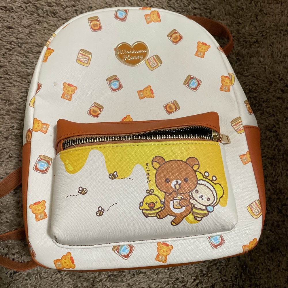 White and Brown Kawaii Backpack with Bear Motifs